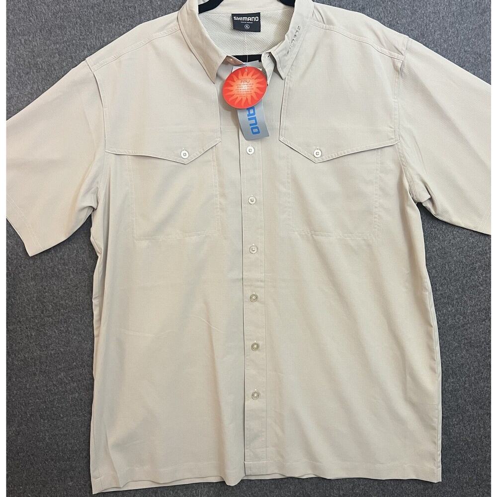 Shimano Shirt Mens XL Khaki Beige Vented Short Sleeve Button Power Pro Fishing